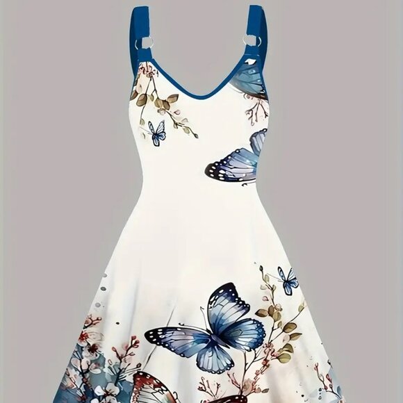 Women's Plus Size Butterfly Print Flattering Holiday Vacation Summer Dress 22W - Picture 1 of 12